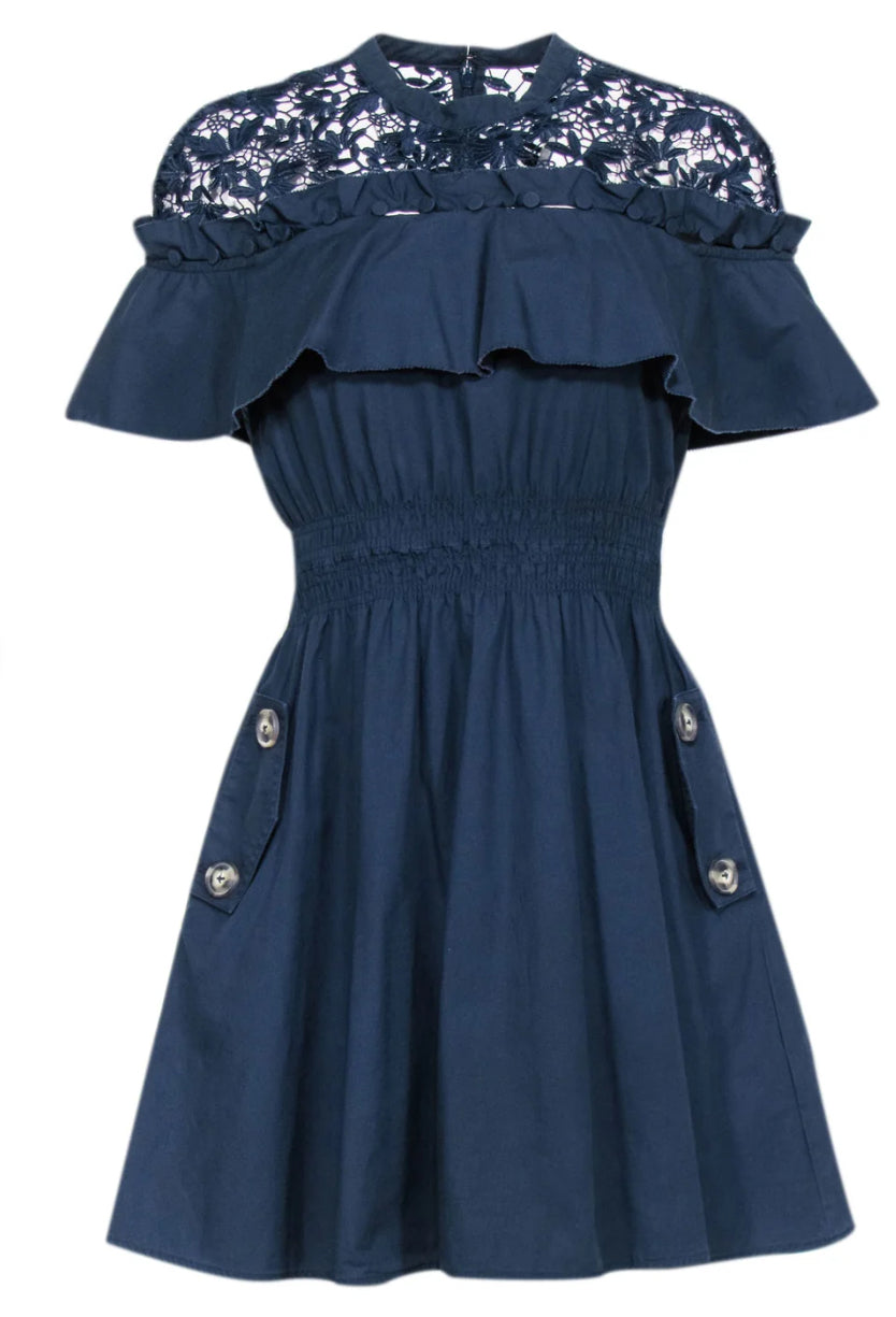 Self-Portrait - Navy Poplin & Embroidered Lace Short Sleeve Dress Red Boutiques Self-Portrait - Navy Poplin & Embroidered Lace Short Sleeve Dress Red Boutiques