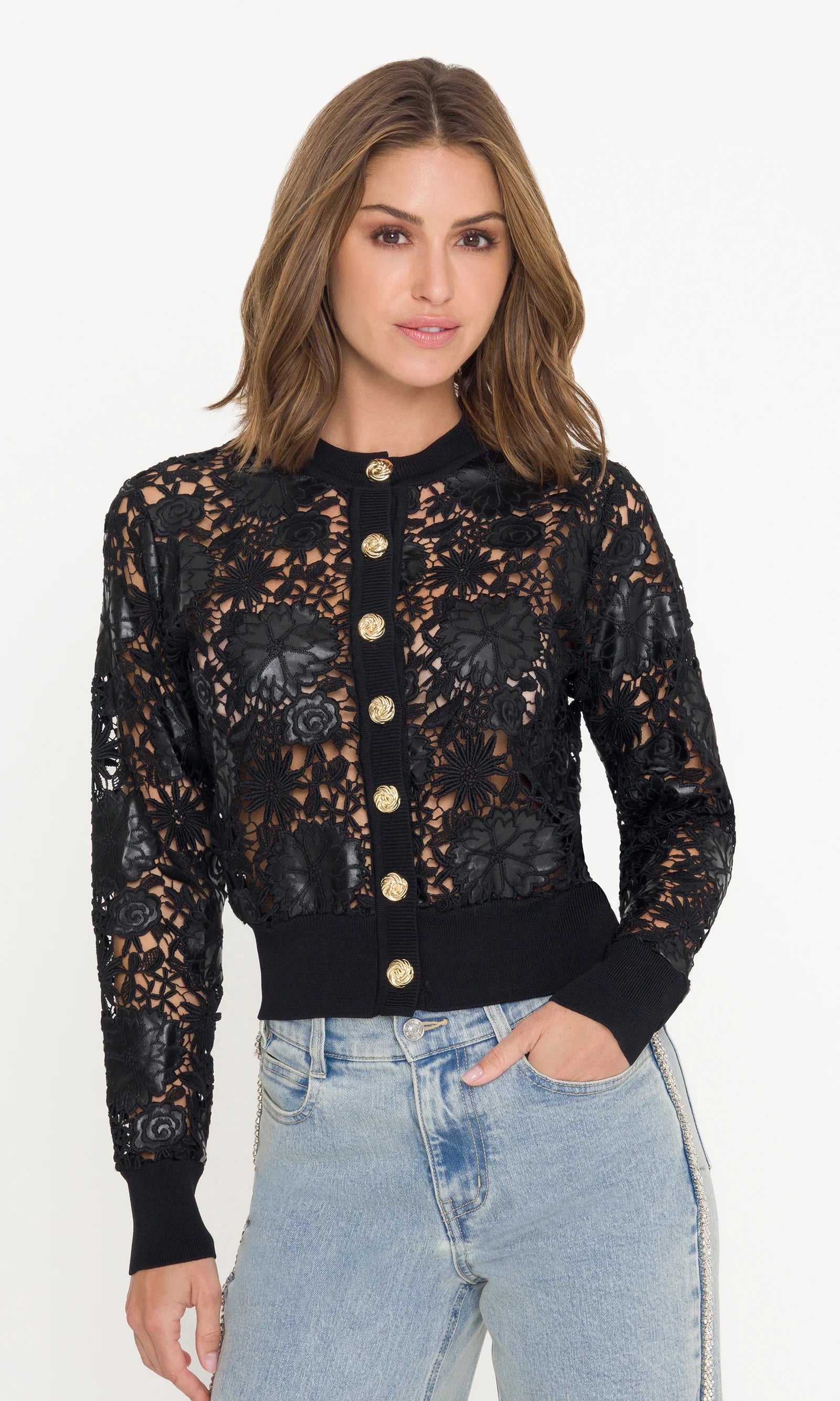 ERIN VEGAN LEATHER LACE CARDIGAN
