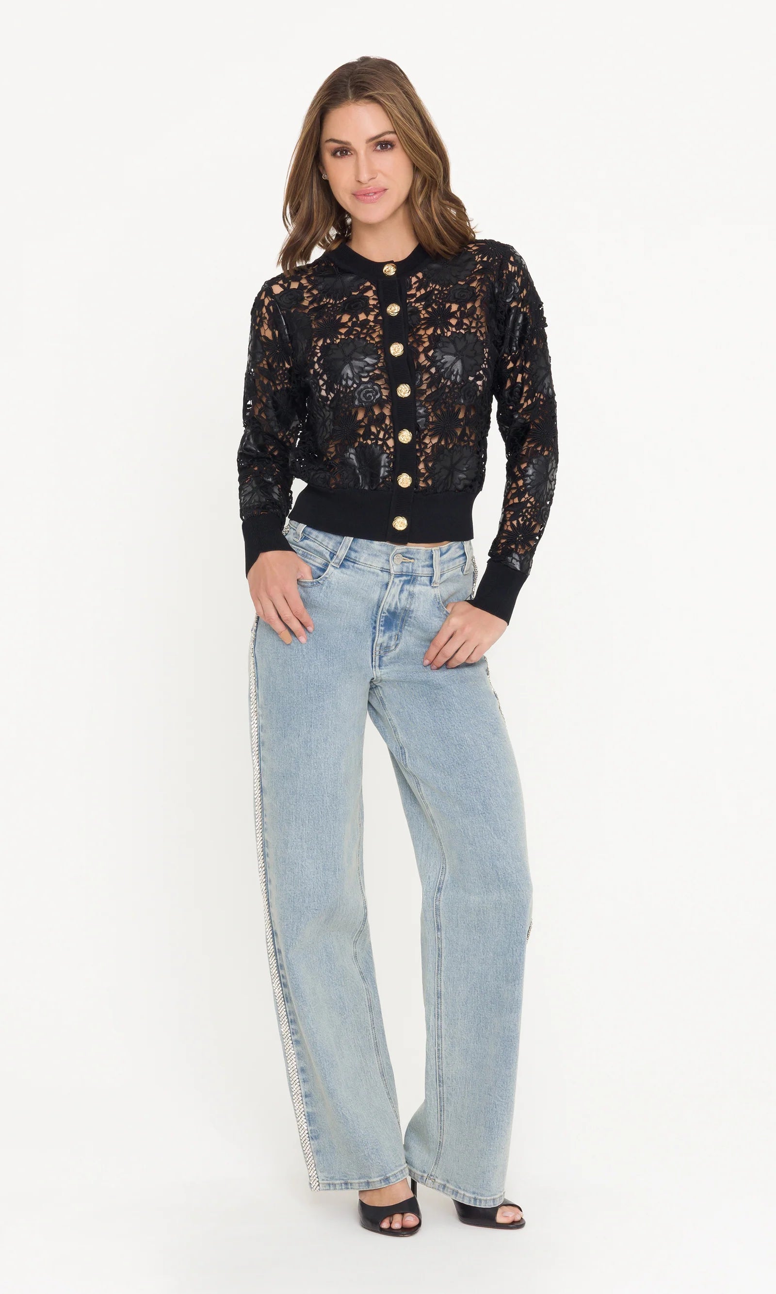 ERIN VEGAN LEATHER LACE CARDIGAN