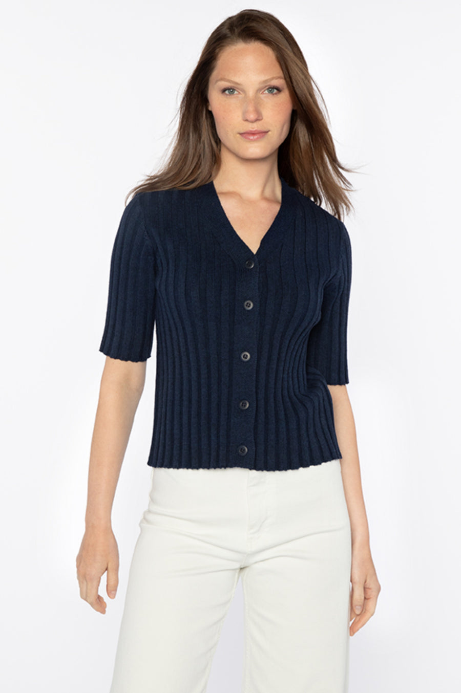 ELBOW SLEEVE RIB CARDIGAN | Champagne