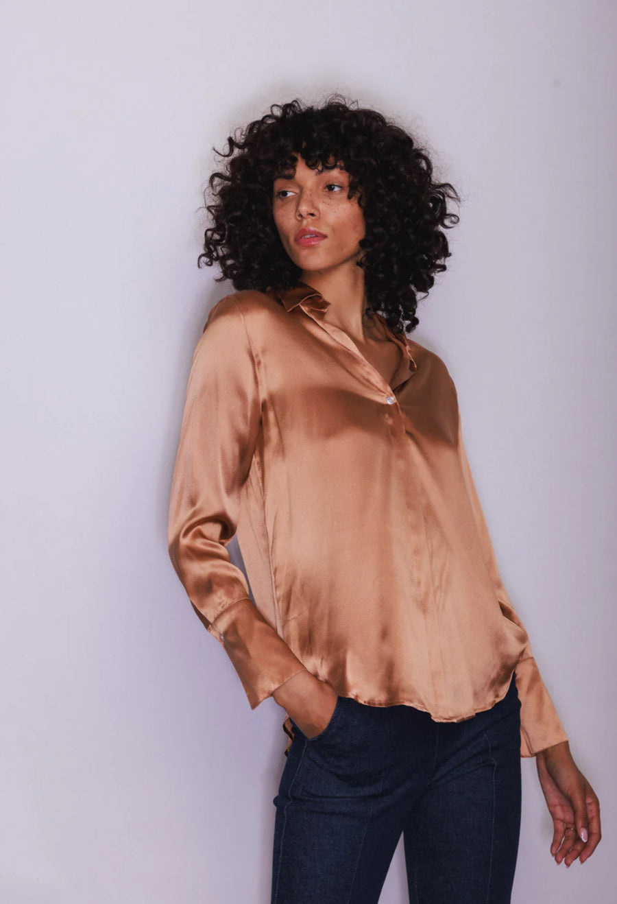 Daria French Cuff Silk Blouse - Bronze