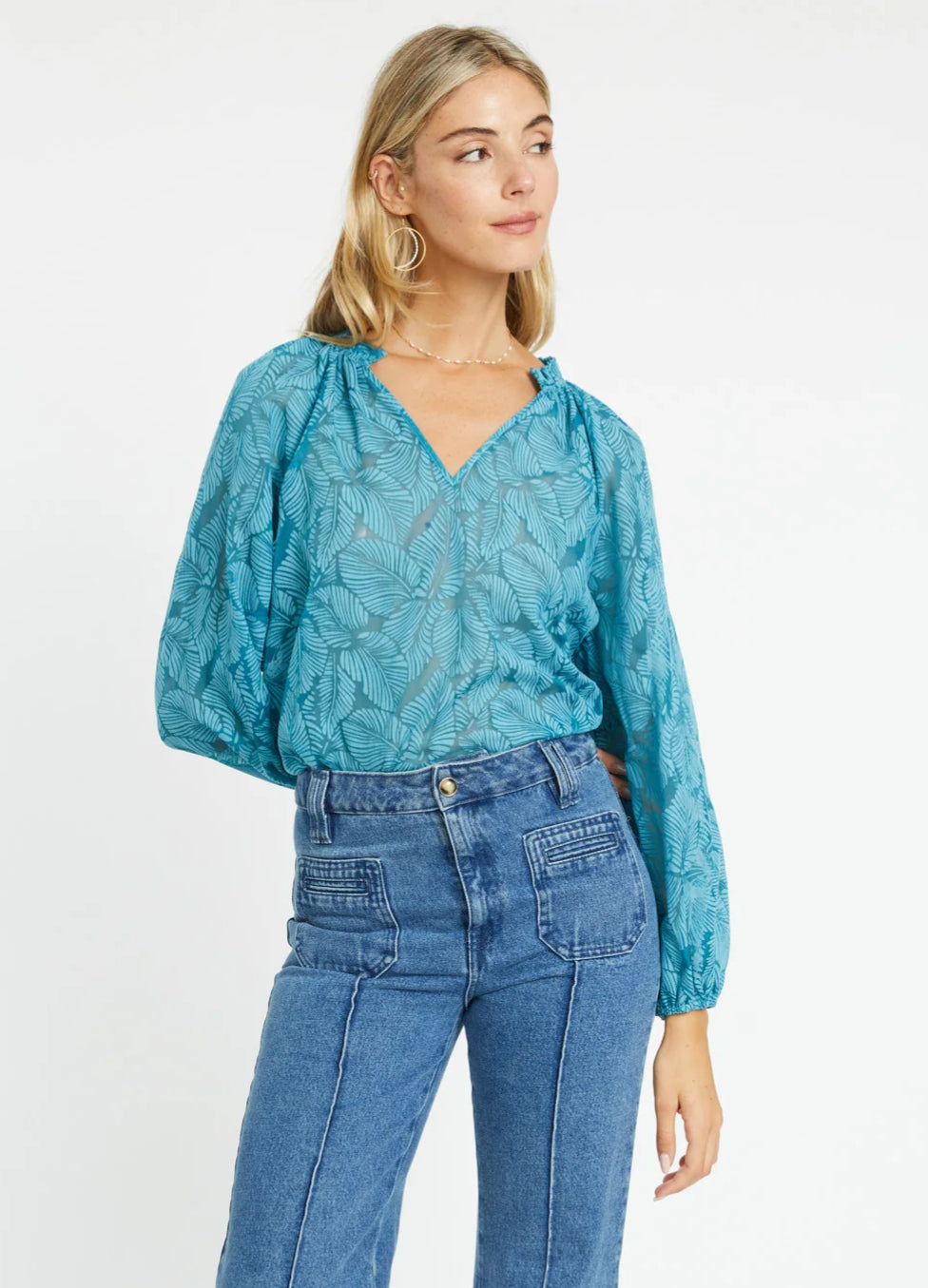 MIKI TEAL LEAF BURNOUT TOP