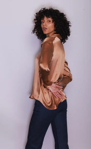 Daria French Cuff Silk Blouse - Bronze