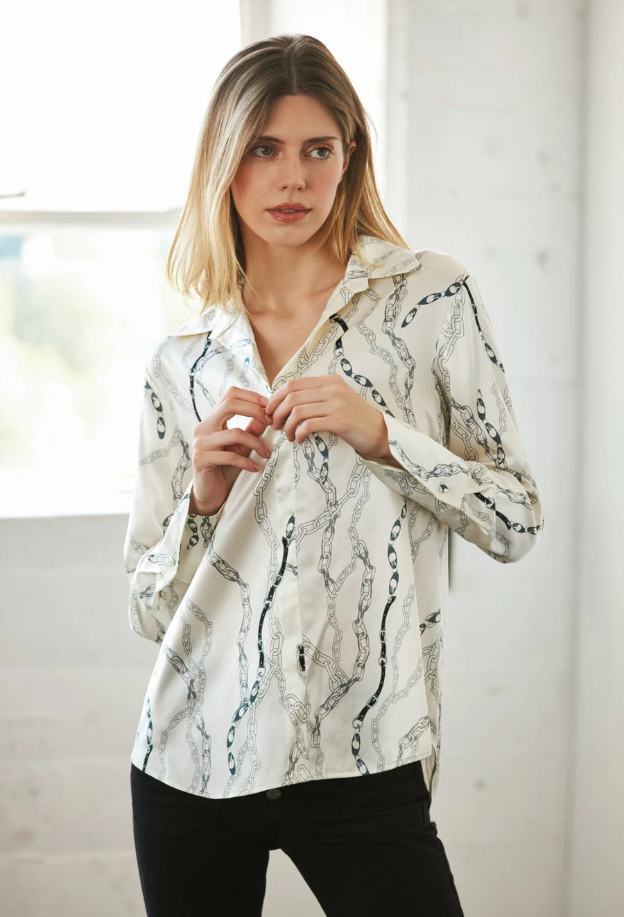 Daria French Cuff Silk Blouse - White Chain