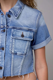 Medium Wash Cropped Stretch Trucker Jacket ￼