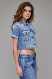 Medium Wash Cropped Stretch Trucker Jacket ￼