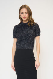 COLETTE EYELASH LUREX CAP SLV CREW