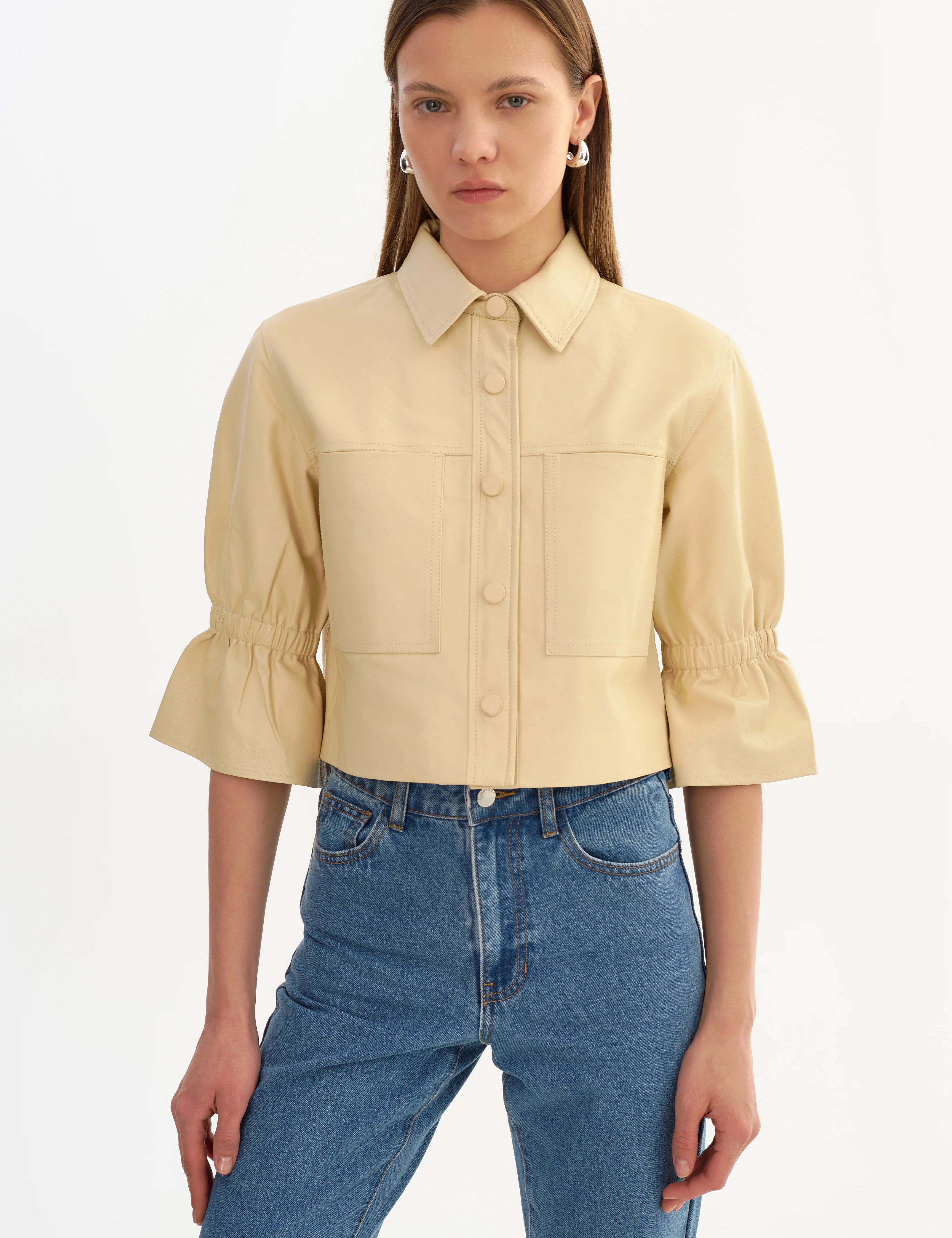 CAROLINA | LEATHER RUFFLE SLEEVE JACKET