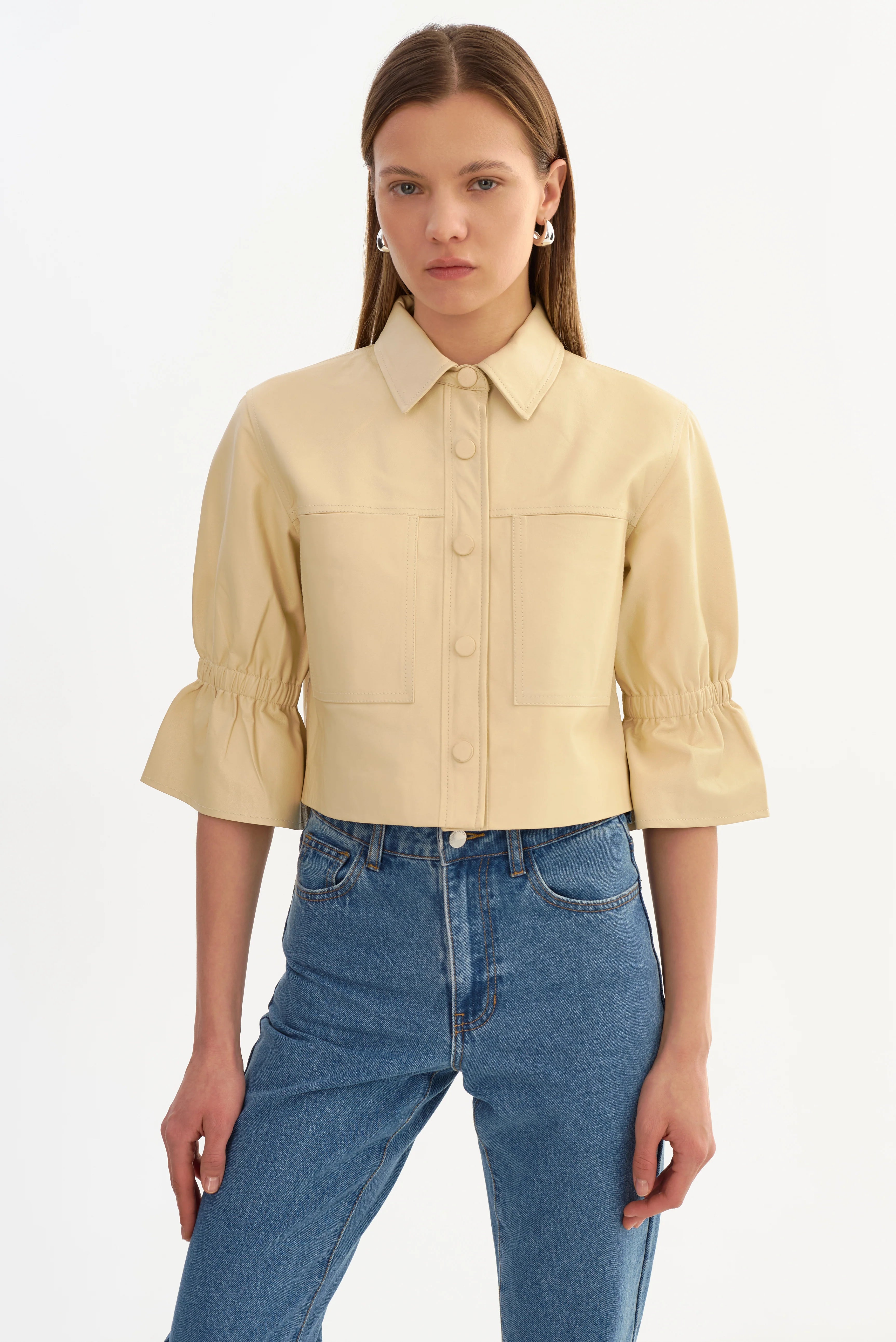 CAROLINA | LEATHER RUFFLE SLEEVE JACKET