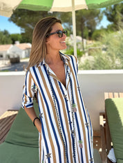 STRIPED SHIRT DRESS WITH PINEAPPLE PRINTS