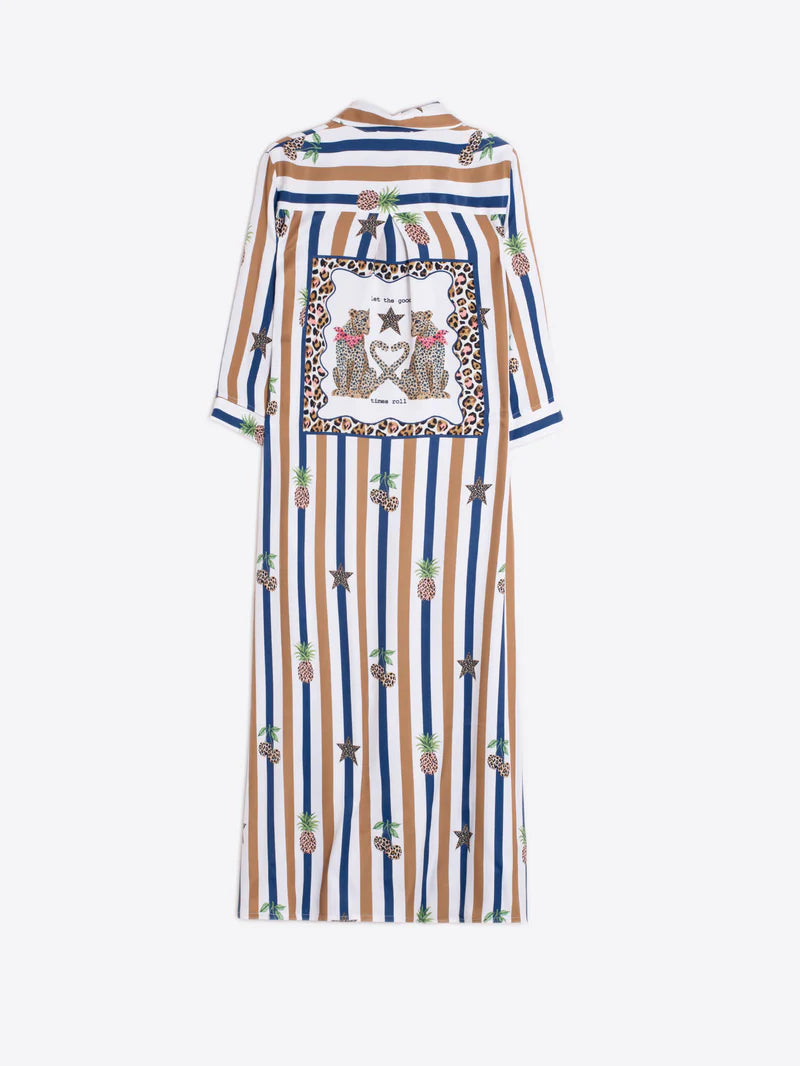 STRIPED SHIRT DRESS WITH PINEAPPLE PRINTS
