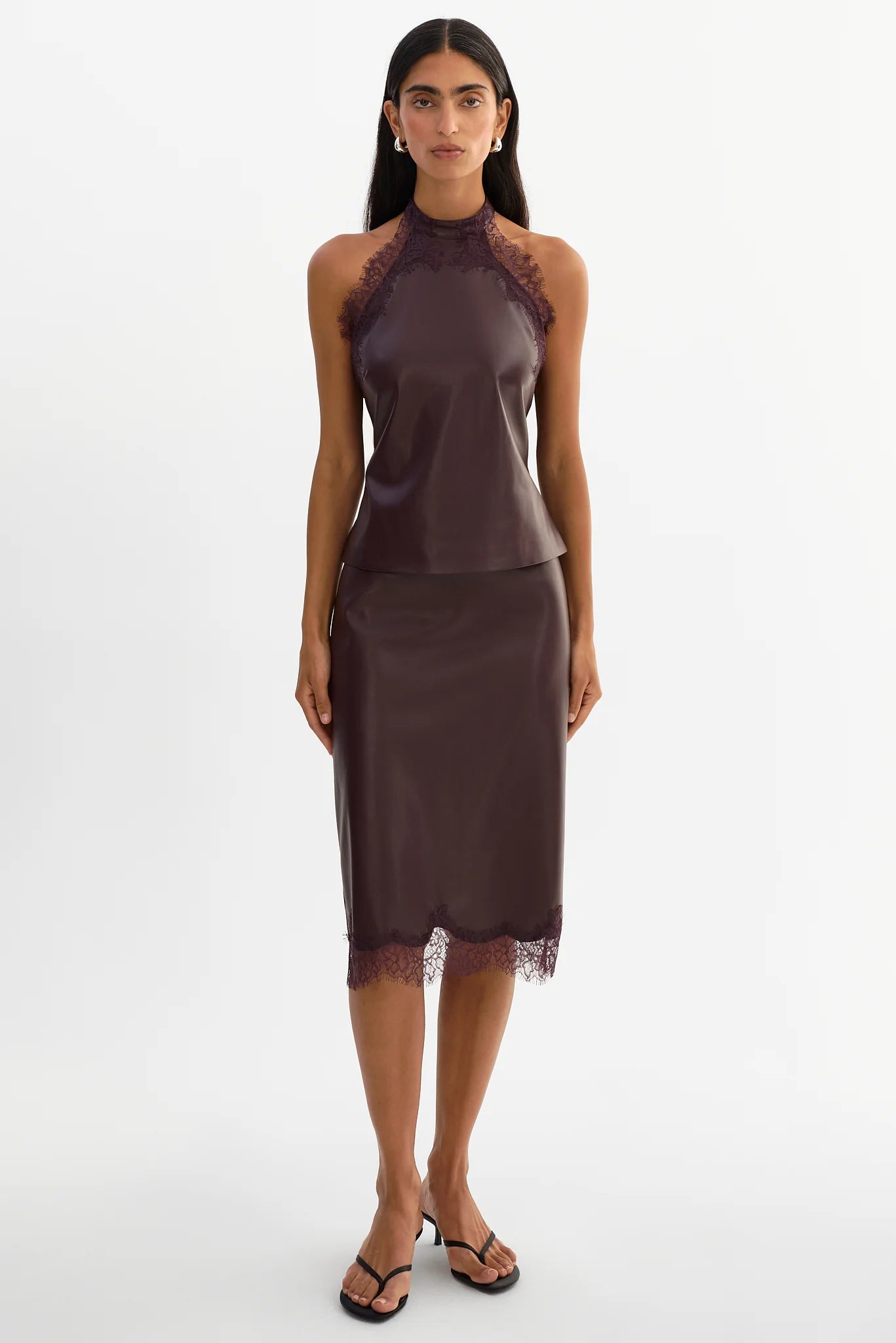 SONJA
Lace Trim Faux Leather Skirt