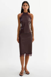 SONJA
Lace Trim Faux Leather Skirt