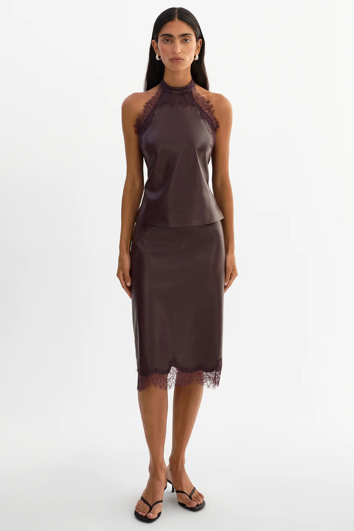 SONJA
Lace Trim Faux Leather Skirt