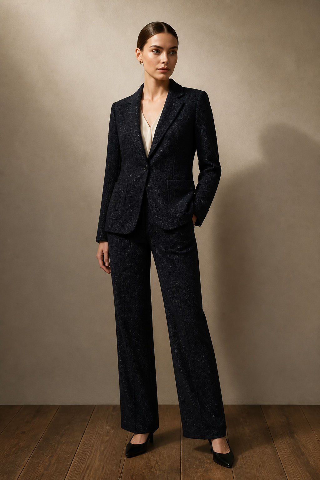 Buttoned Knitted Fabric Slim Long Blazer