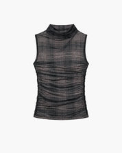Plaid Mesh Sleeveless Twist Top