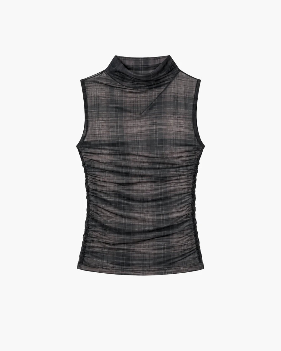 Plaid Mesh Sleeveless Twist Top