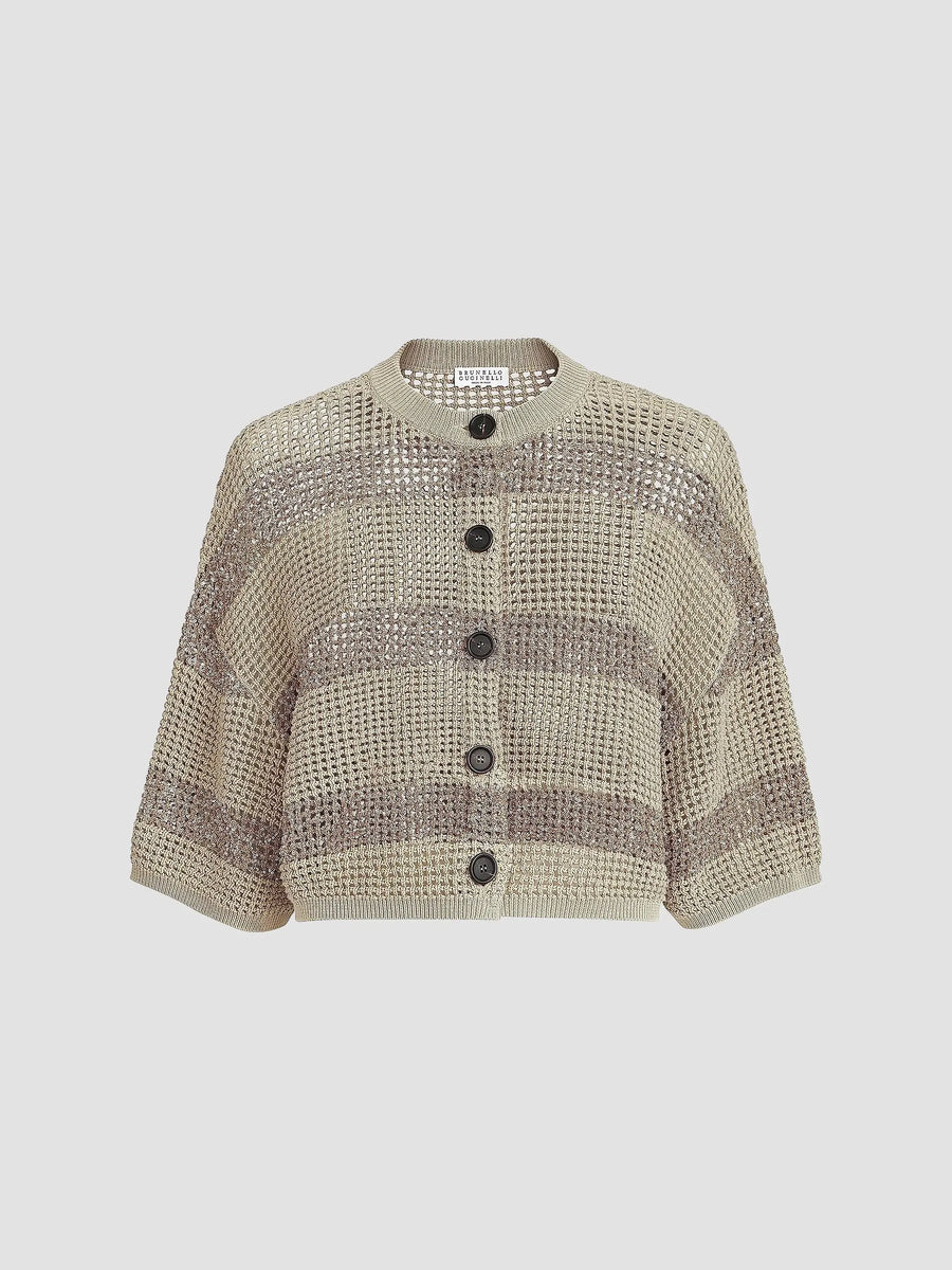 Cotton Net Cropped Cardigan with Dazzling Stripes
