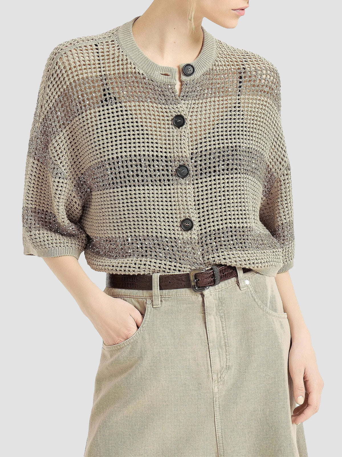 Cotton Net Cropped Cardigan with Dazzling Stripes