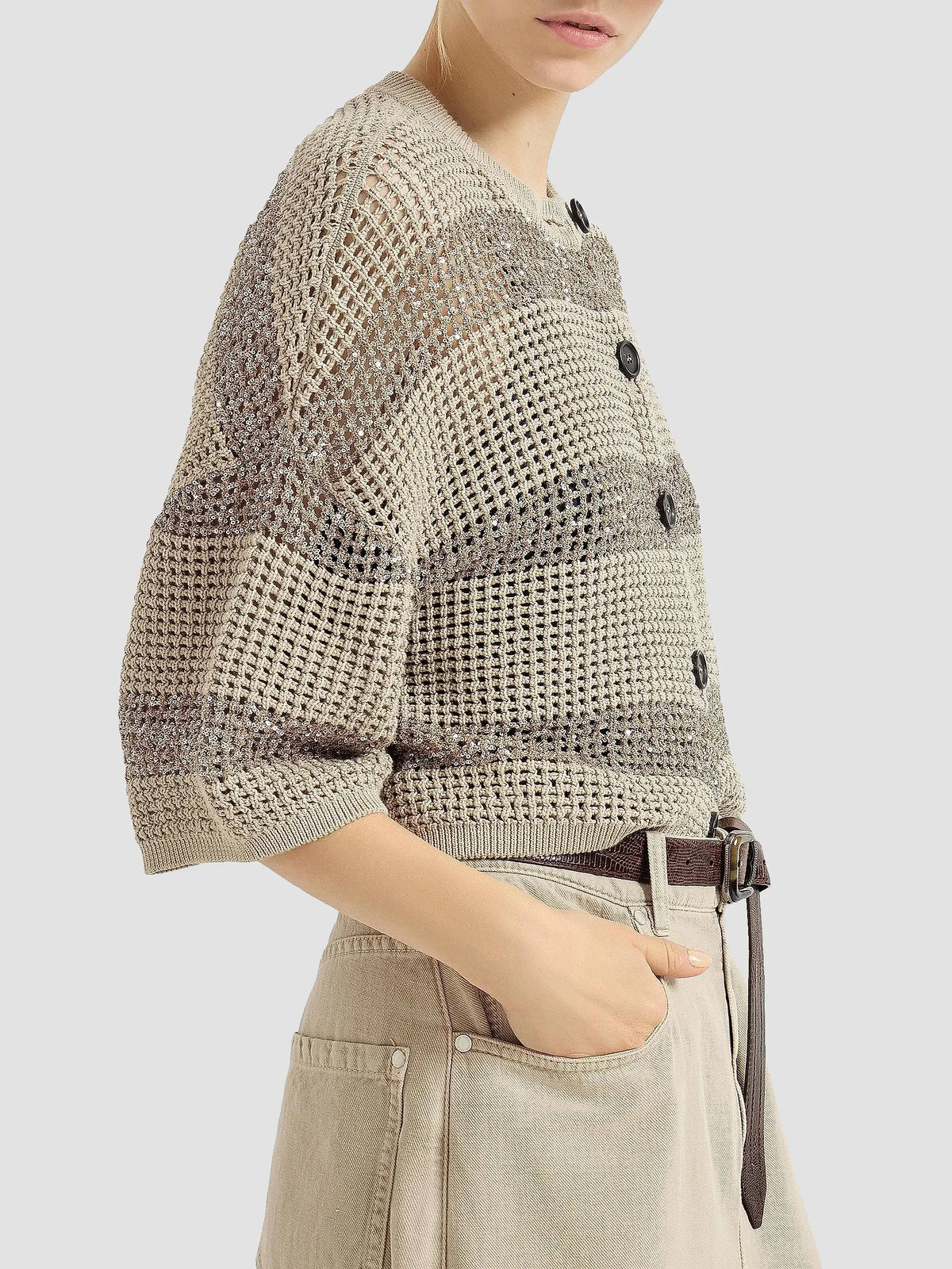 Cotton Net Cropped Cardigan with Dazzling Stripes