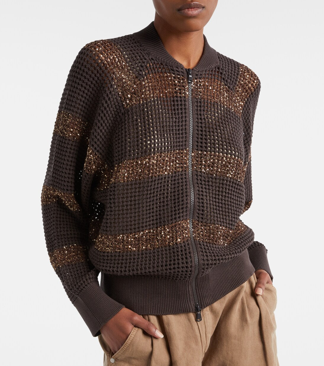 Cotton Net Cropped Cardigan with Dazzling Stripes