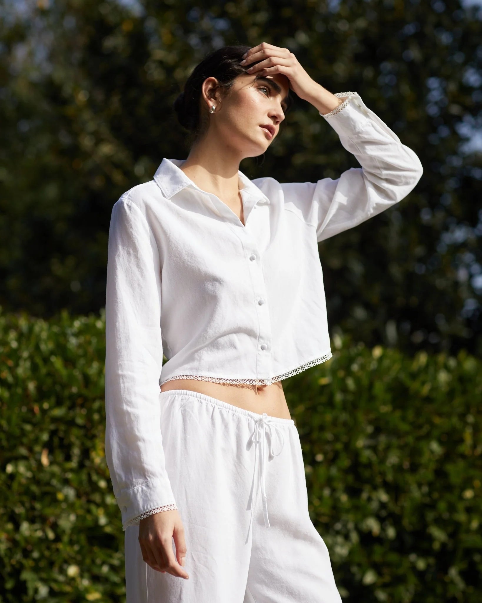 Long Sleeve Cropped Shirt With Trim | White