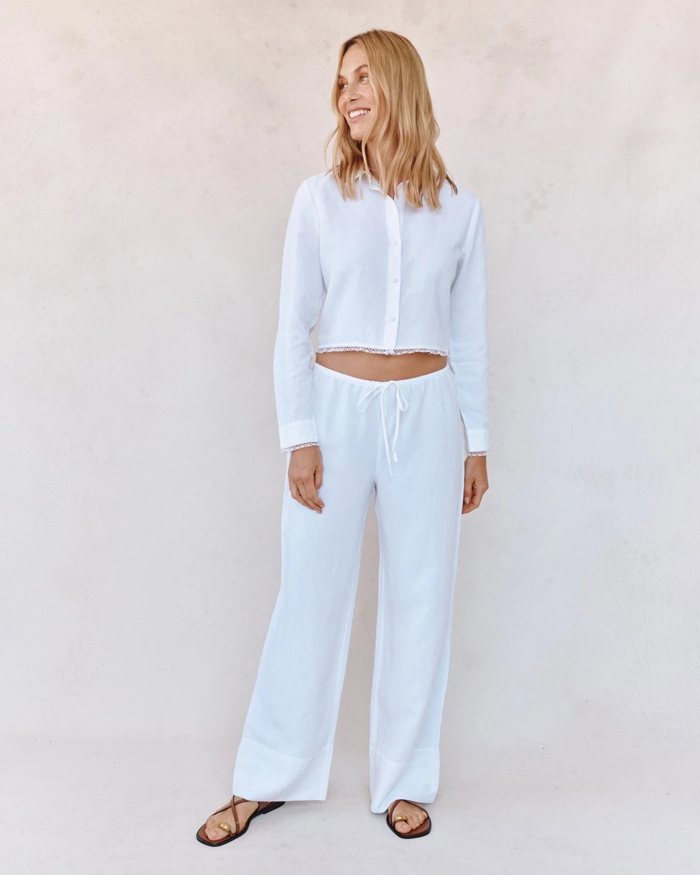 Long Sleeve Cropped Shirt With Trim | White