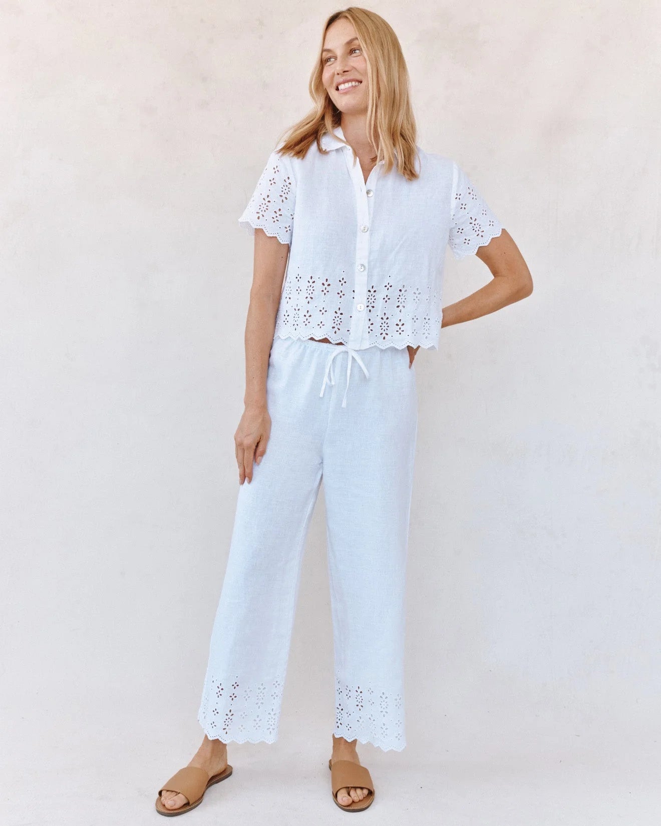 Short Sleeve Embroidered Button Down - White