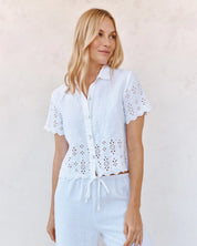 Short Sleeve Embroidered Button Down - White