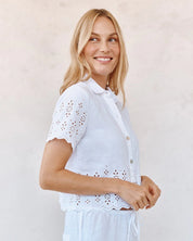 Short Sleeve Embroidered Button Down - White