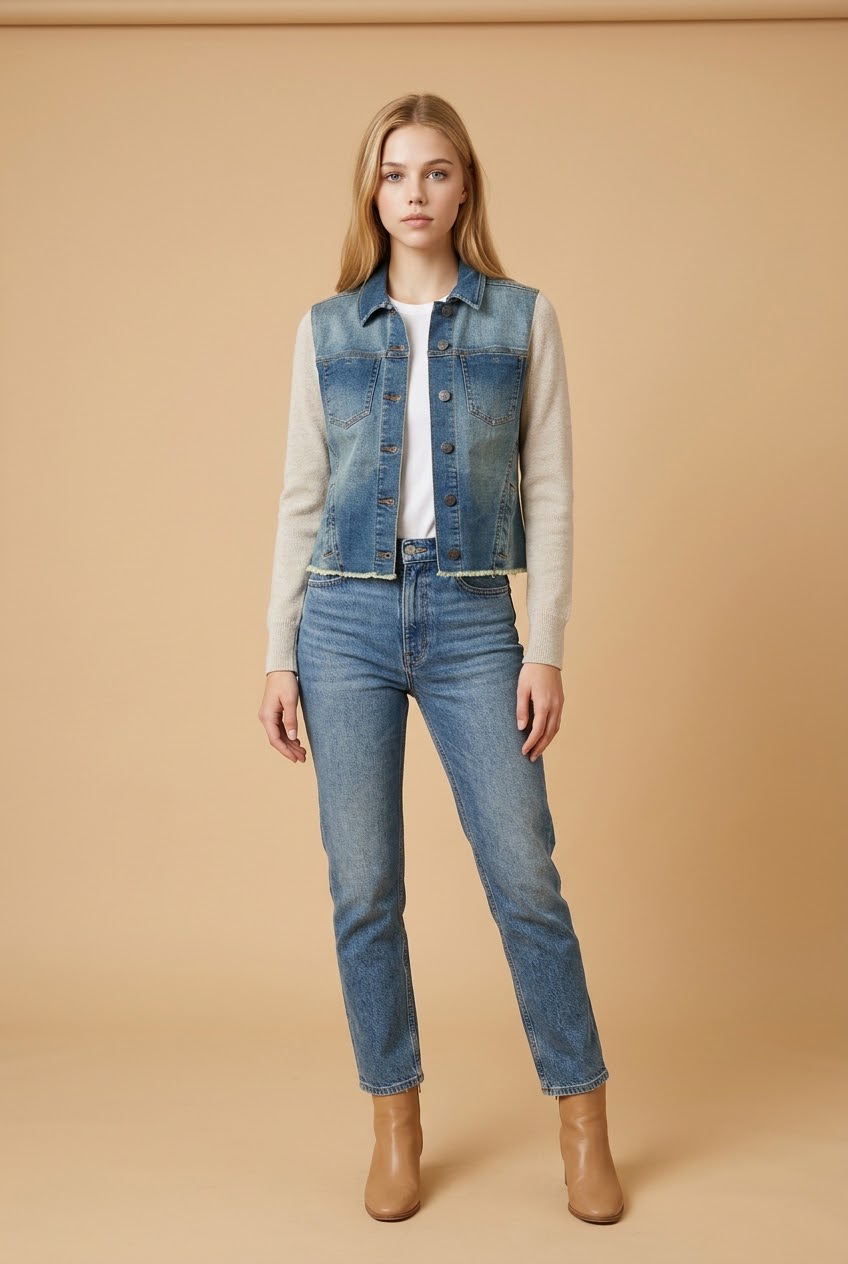 Knit sleeve denim jacket