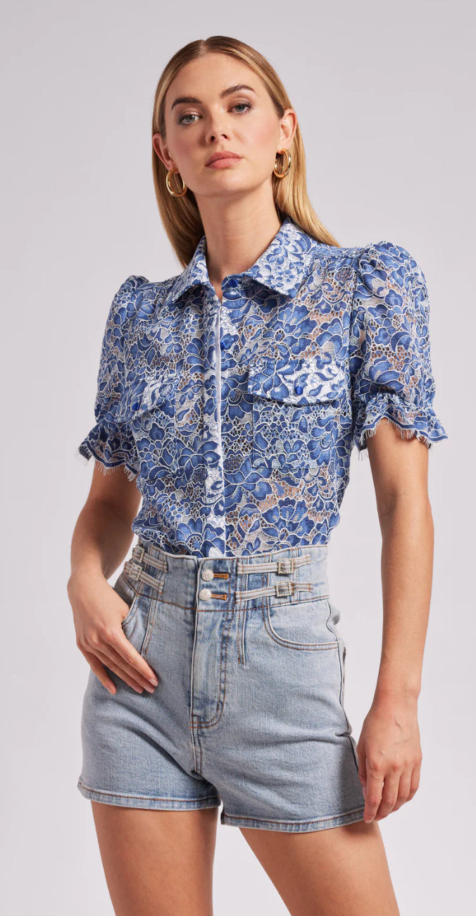 Mina Lace Shirt - Blue/White