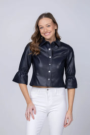 FLARE SLEEVE VEGAN LEATHER JACKET