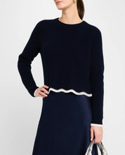 Tipped Scallop Shaker-Knit Crewneck Sweater
