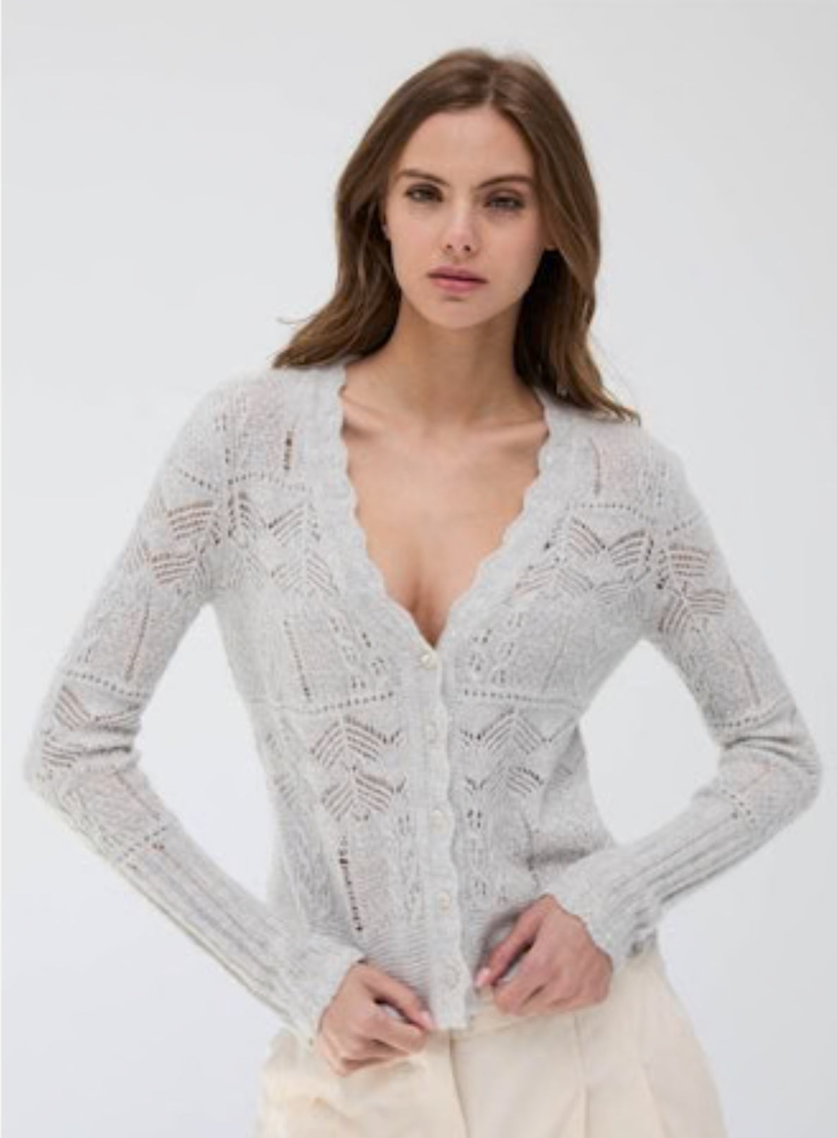 Open Pointelle Sequin V Neck Cardigan