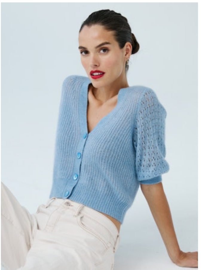 Shaker Cardigan w/ Fancy Stitch Puff Sleeves | Cloud Grey