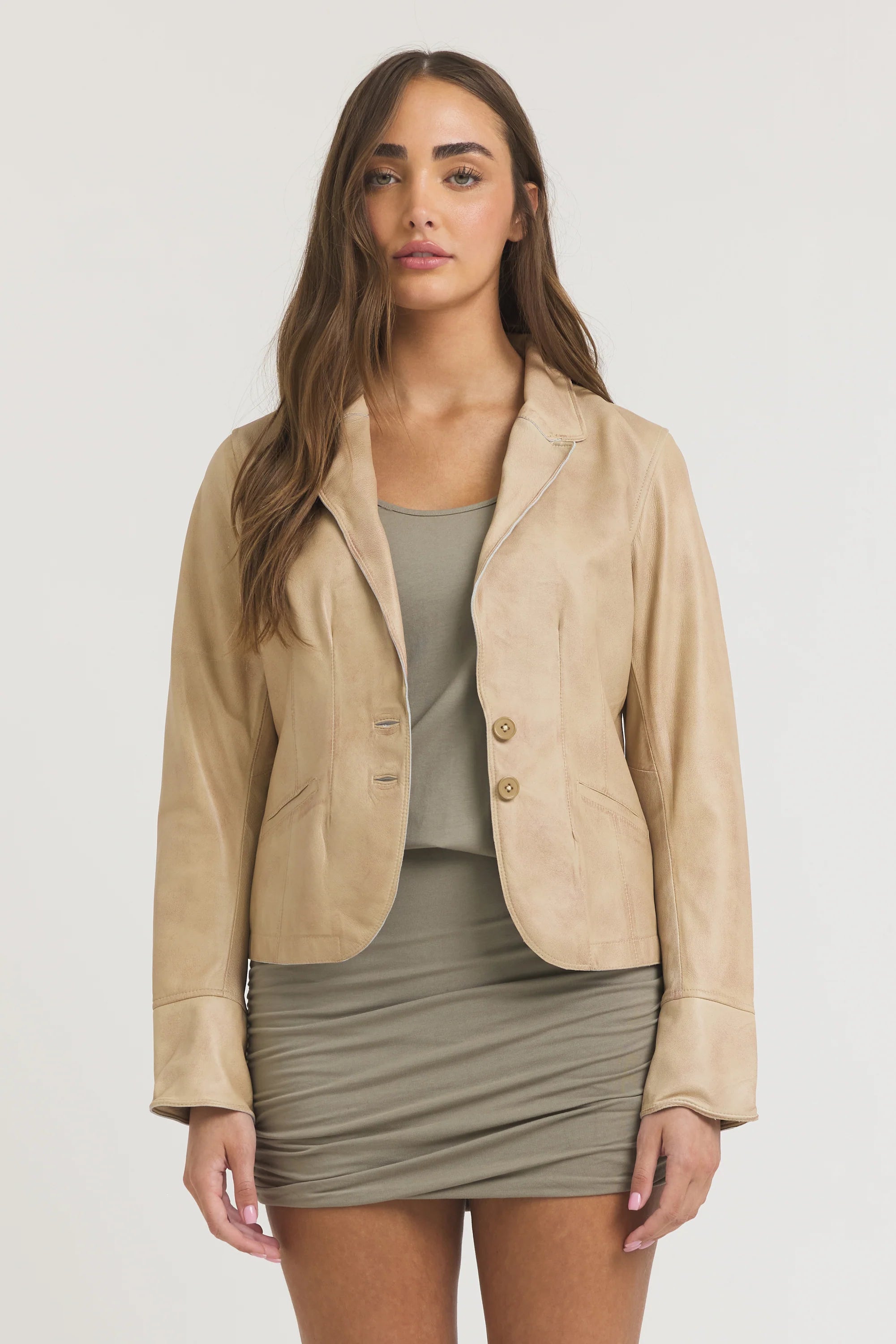Amelia Patina Leather Jacket | Sand