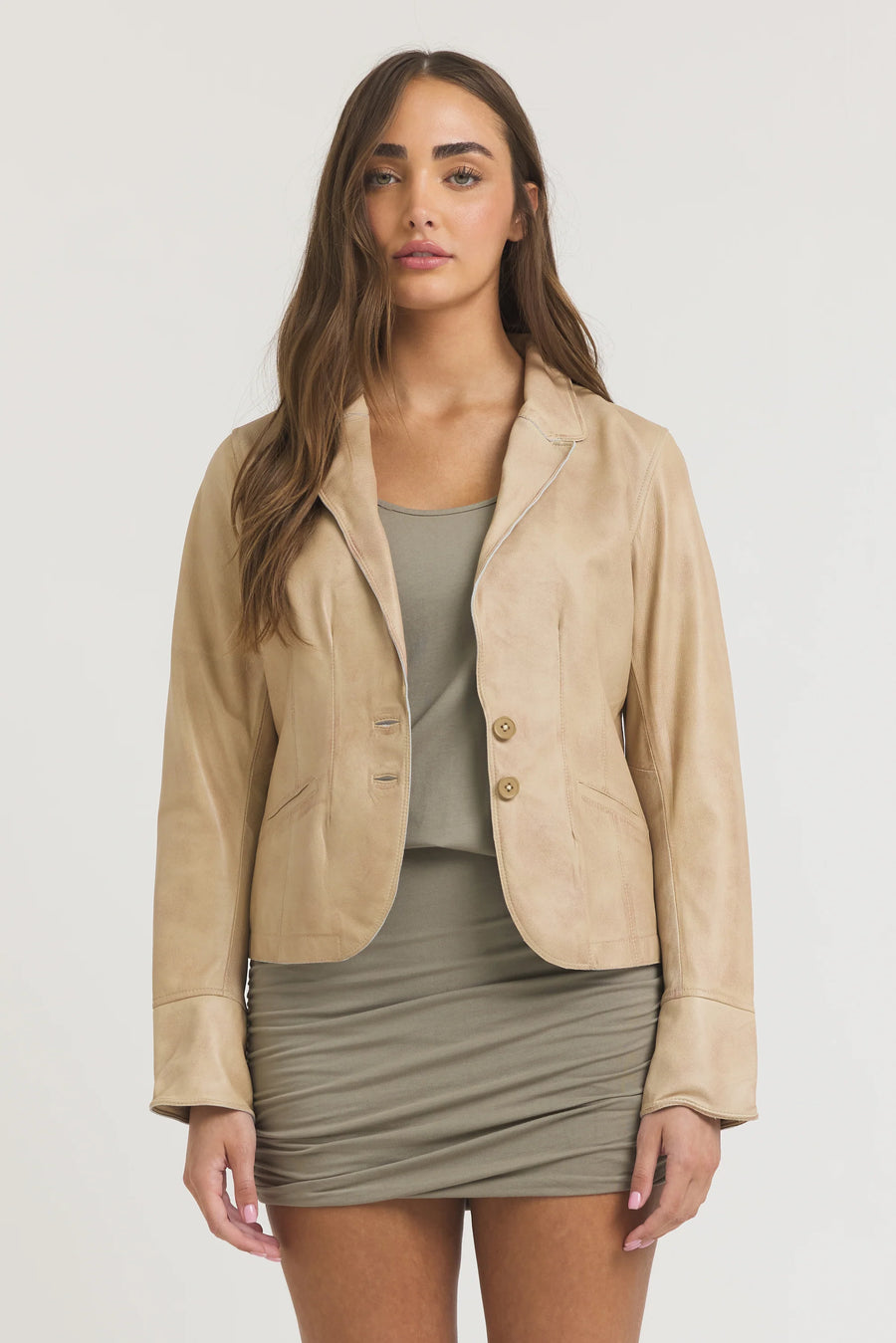 Amelia Patina Leather Jacket | Sand