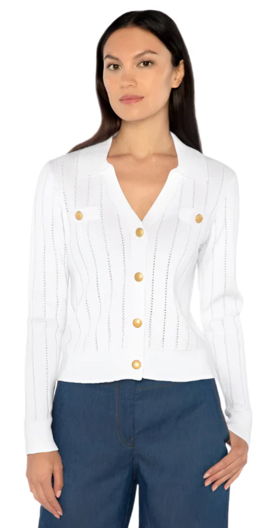 Rib Button Front Polo in White