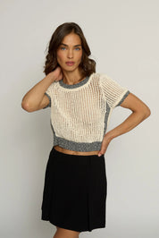 CROPPED MESH STITCH CREW NECK