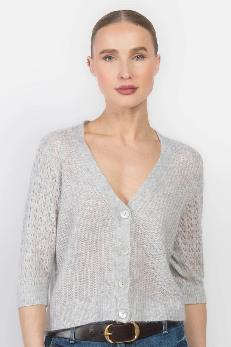 Shaker Cardigan w/ Fancy Stitch Puff Sleeves | Cloud Grey