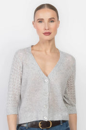 Shaker Cardigan w/ Fancy Stitch Puff Sleeves | Cloud Grey