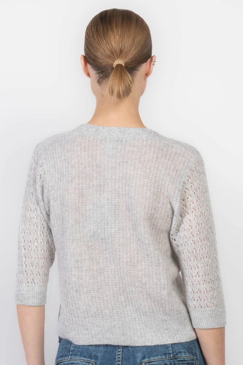 Shaker Cardigan w/ Fancy Stitch Puff Sleeves | Cloud Grey