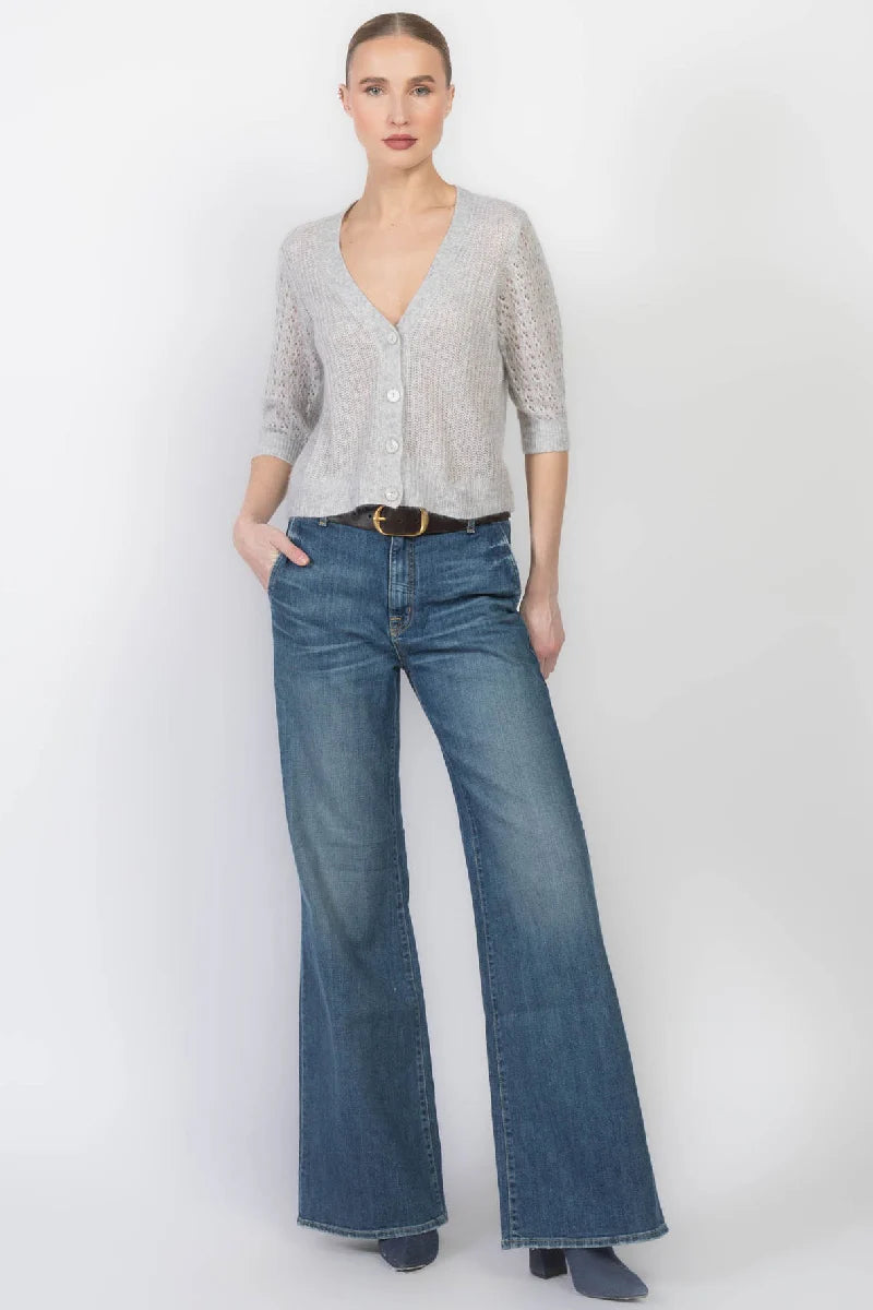 Shaker Cardigan w/ Fancy Stitch Puff Sleeves | Cloud Grey