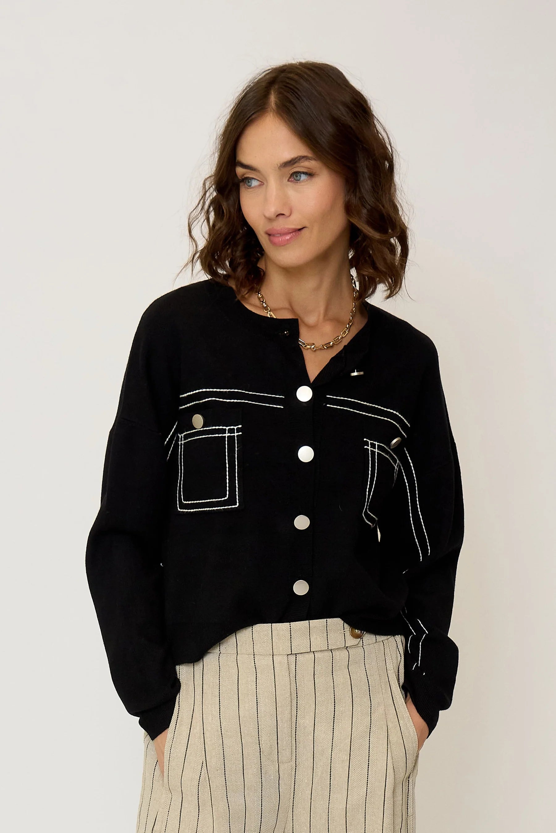OLIVE OVERSIZED TOPSTITCH CARDIGAN