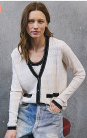 Pointelle V Neck Cardigan W/ Saddle Stitching