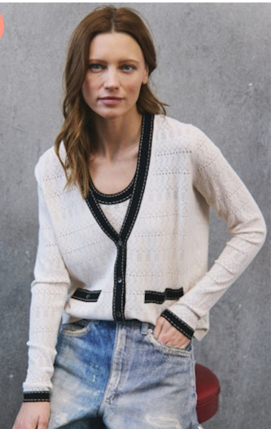 Pointelle V Neck Cardigan W/ Saddle Stitching