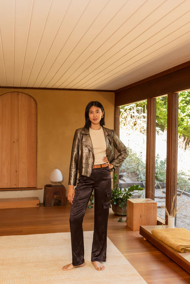 ZENDAYA STRETCH VISCOSE SATIN WIDE LEG PANT