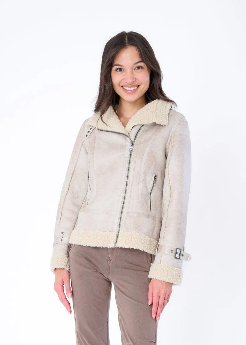 OSHA FAUX SHEARLING DISTRESSED SCUBA SUEDE BIKER JACKET