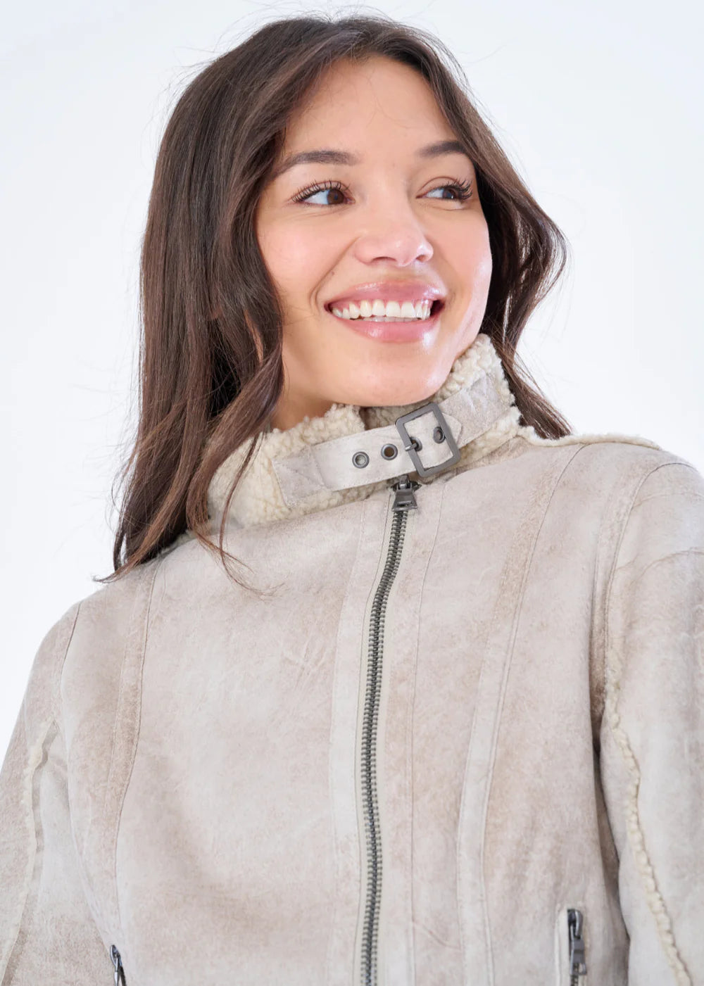 OSHA FAUX SHEARLING DISTRESSED SCUBA SUEDE BIKER JACKET